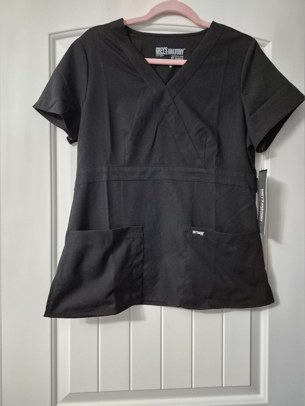 Black Grey's Anatomy by Barco Classic Riley 3-Pocket Mock Wrap Scrub Top Sz M
